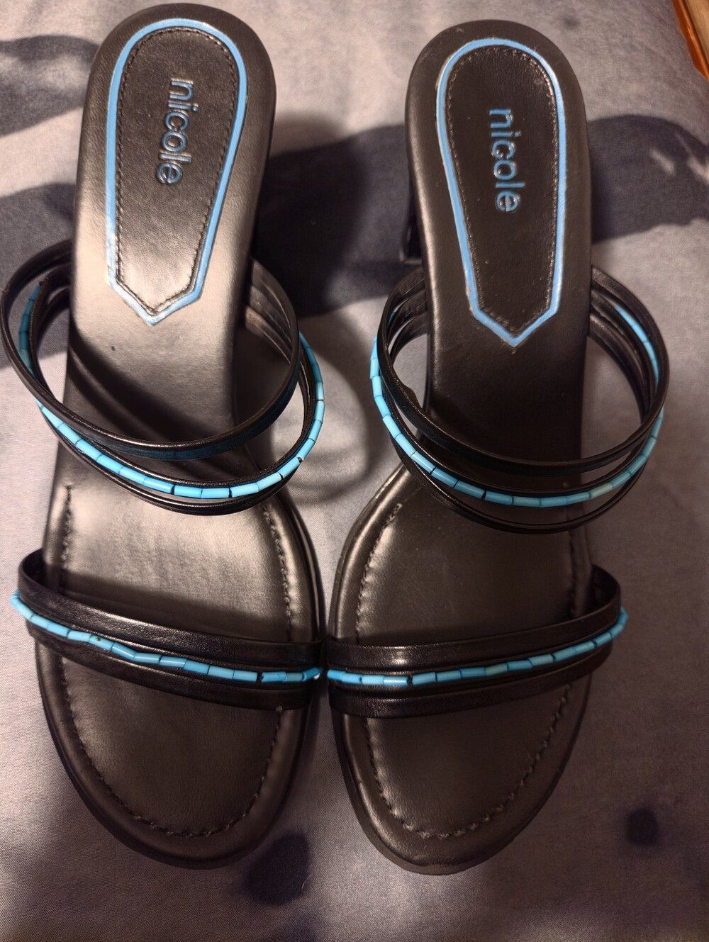 NICOLE Black Sandal with Turquoise Trim - Women's Slip-On 3" Heel
